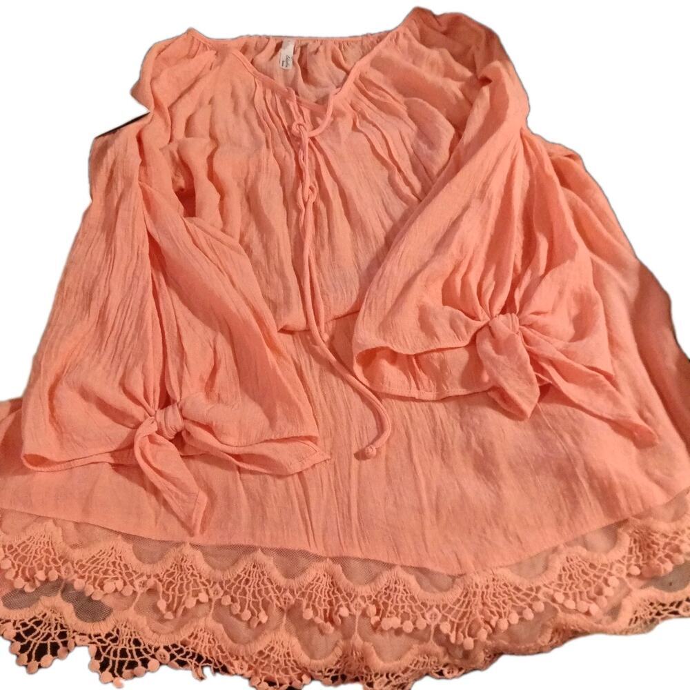 Ny Collection Womens Plus Size 2X Lace Trim Pintuck Blouse Top Tunic Coral Boho